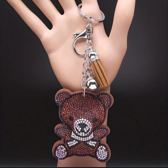 Bling Teddy Bear Crystal Rhinestone Keychain Bag Charm With Brown Tassel - Picture 8 of 11